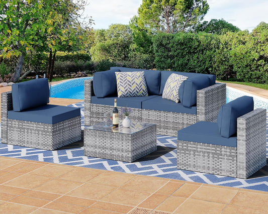 5-Piece Outdoor Patio Sectional Sofa Set: Silver Gray PE Wicker Furniture with Washable Cushions & Glass Coffee Table (Aegean Blue)