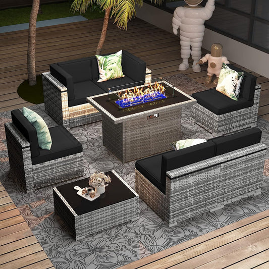 Outdoor Sectional Wicker Conversation Sofa Set with 44" Propane Gas Fire Pit Table - 8 Pieces