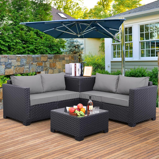 PE Wicker Patio Furniture Set: 4-Piece Black Rattan Sectional Loveseat Couch Set with Storage Box, Glass Top Table, and Non-Slip Grey Cushion