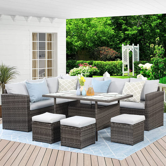 7-Piece Wicker Rattan Outdoor Dining Set with Table, Ottomans, and Chairs - Grey Patio Furniture Ensemble